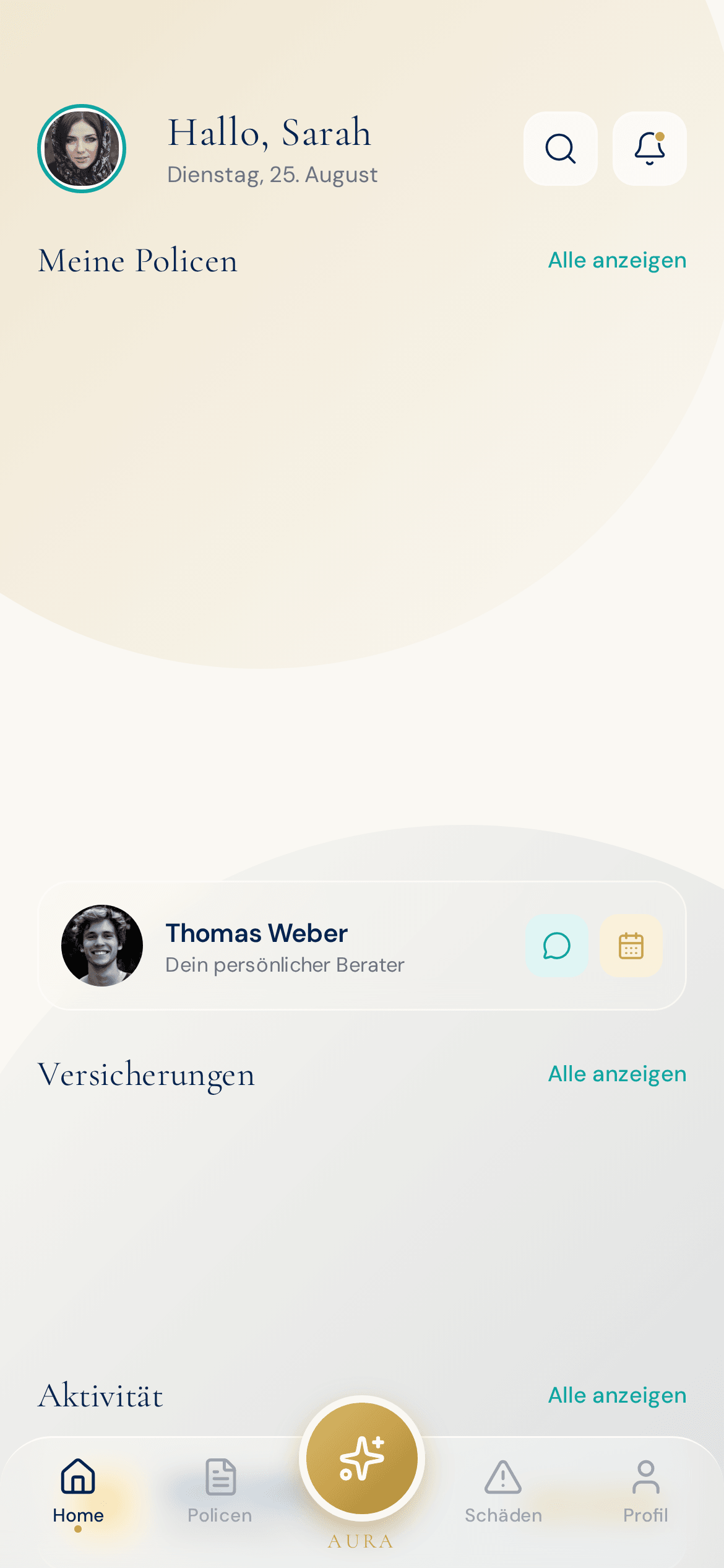 AURA Dashboard, leeres Profil