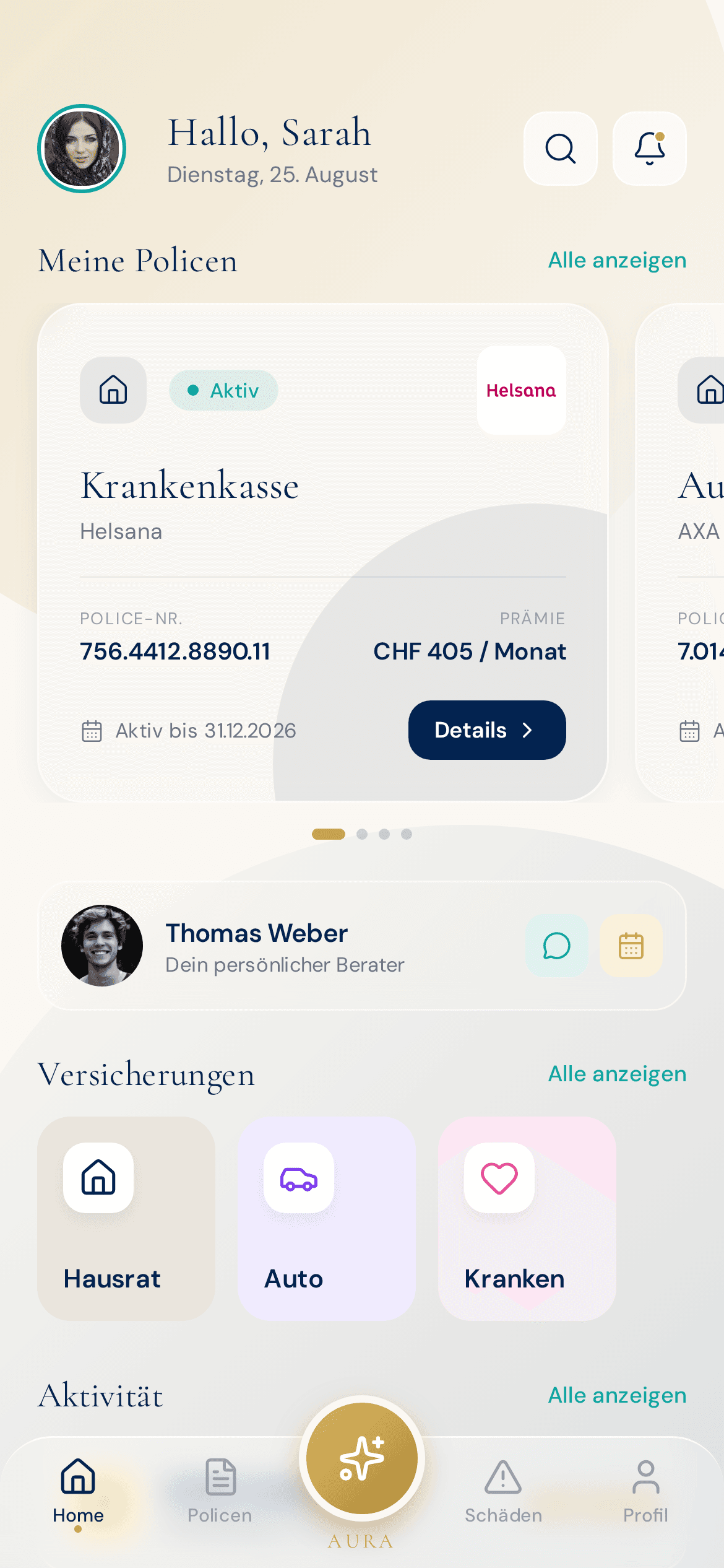 AURA Dashboard mit 3 Policen