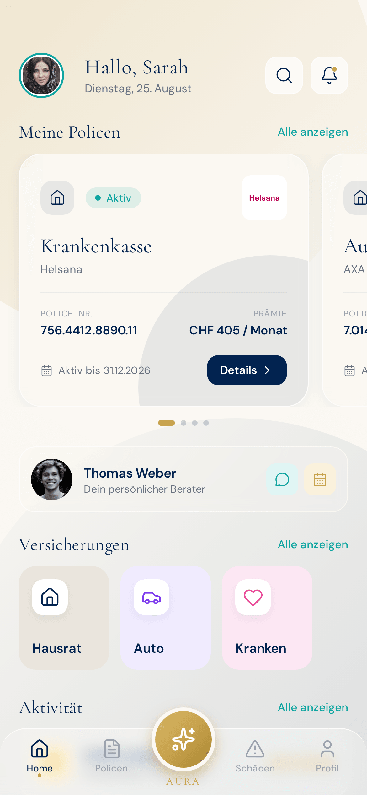 AURA Dashboard mit 3 Policen