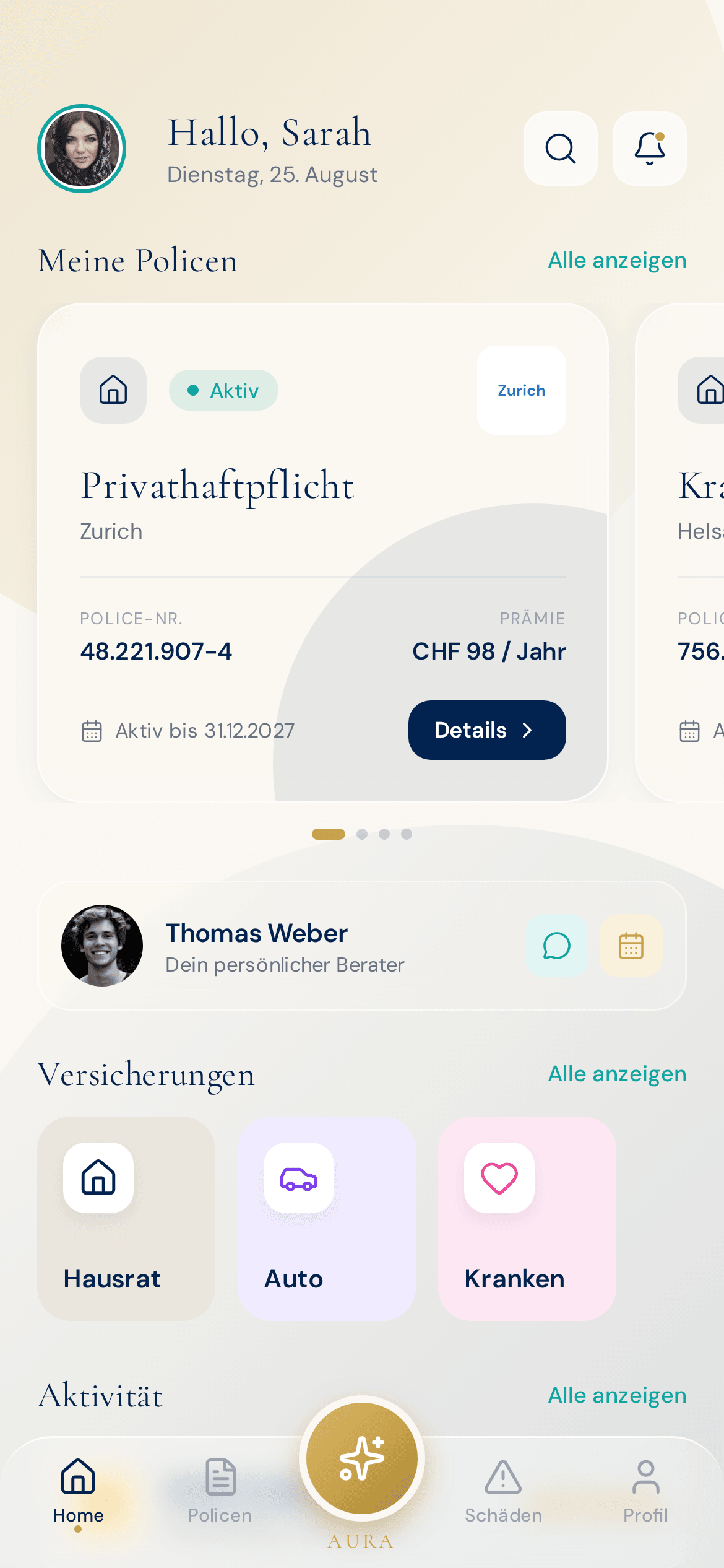 AURA Dashboard mit 4 Policen