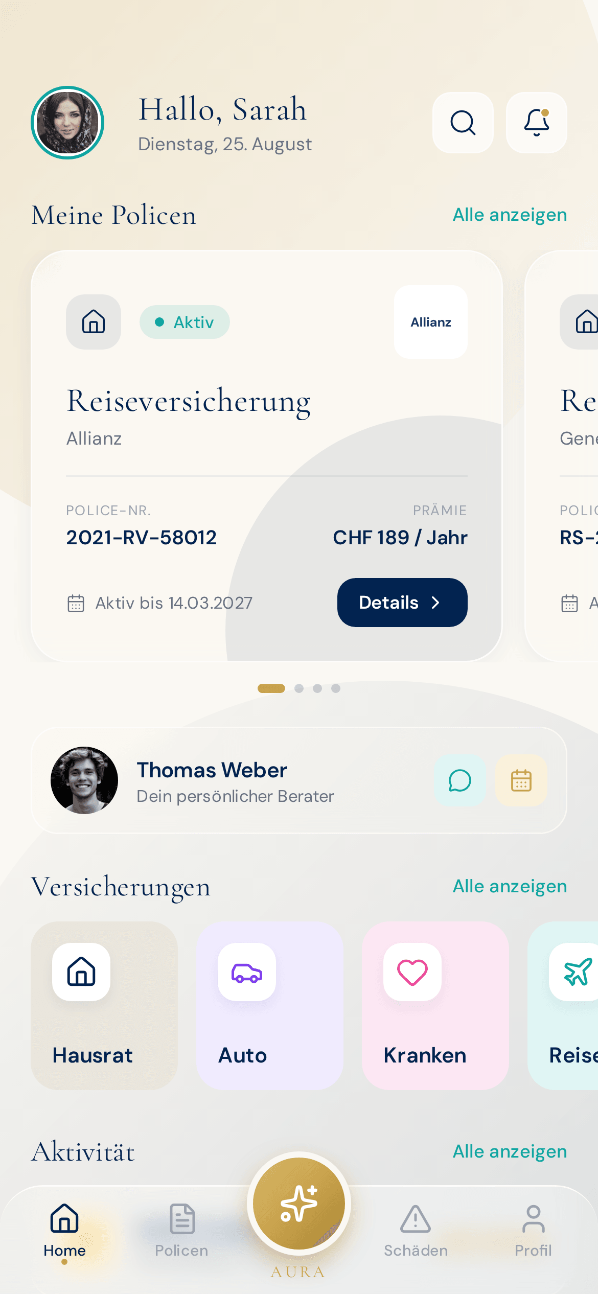 AURA Dashboard mit 6 Policen