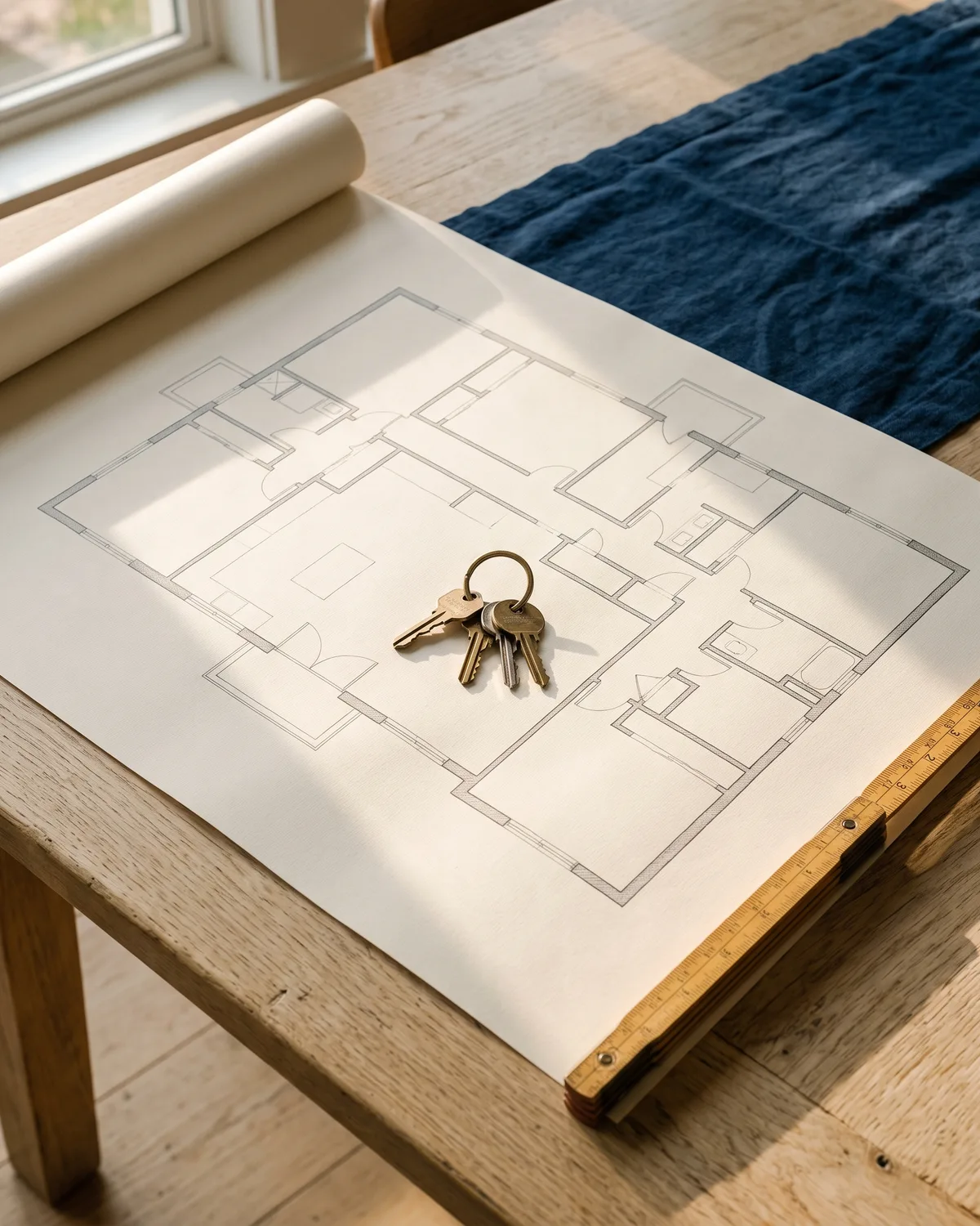Hausschlüssel auf einem Bauplan