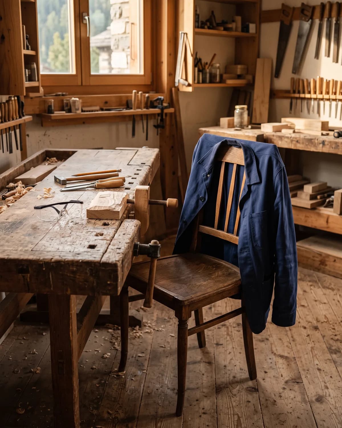 Leerer Stuhl mit Arbeitsjacke an einer Werkbank