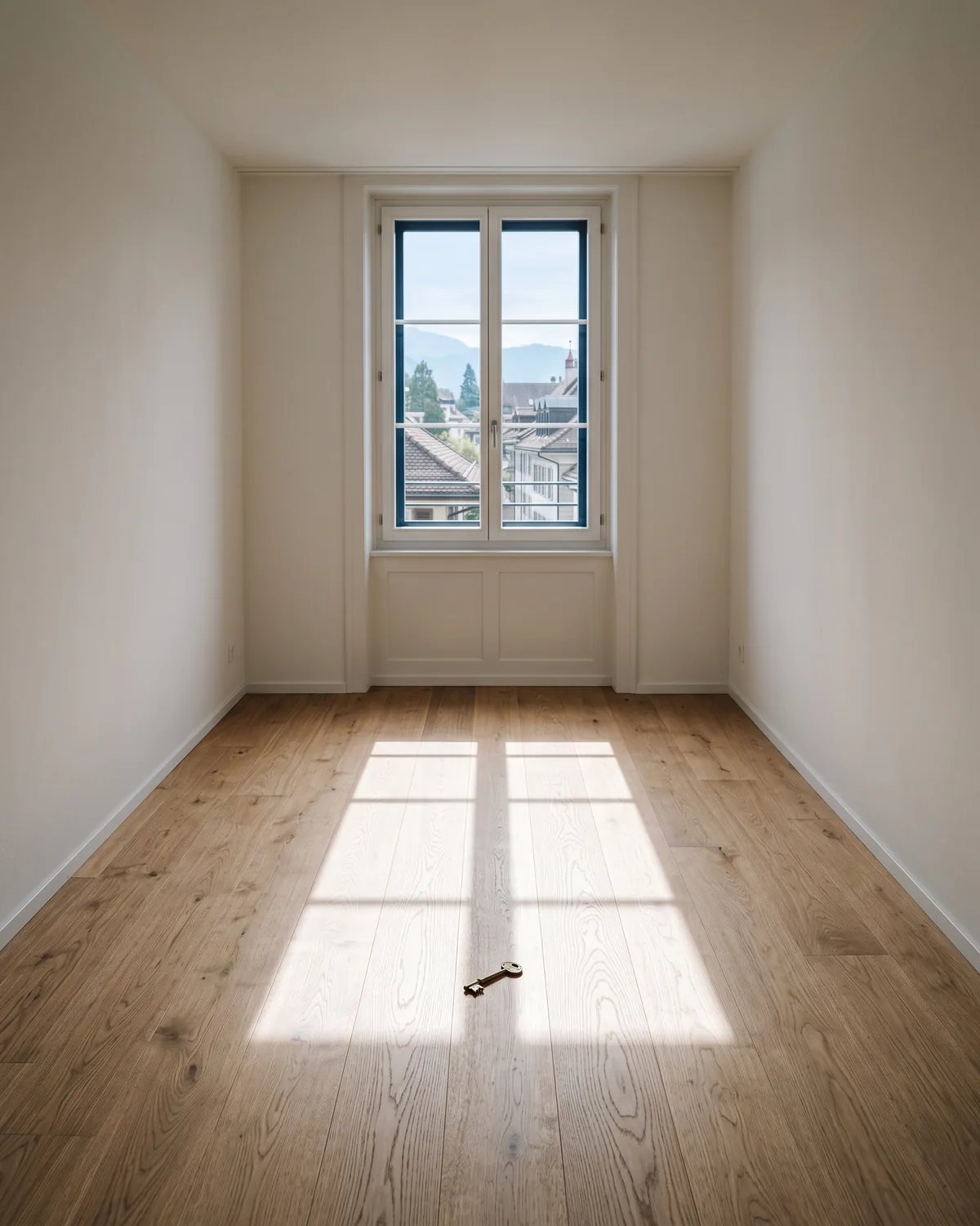 Leeres Zimmer mit Parkett und einem Rechteck Sonnenlicht auf dem Boden