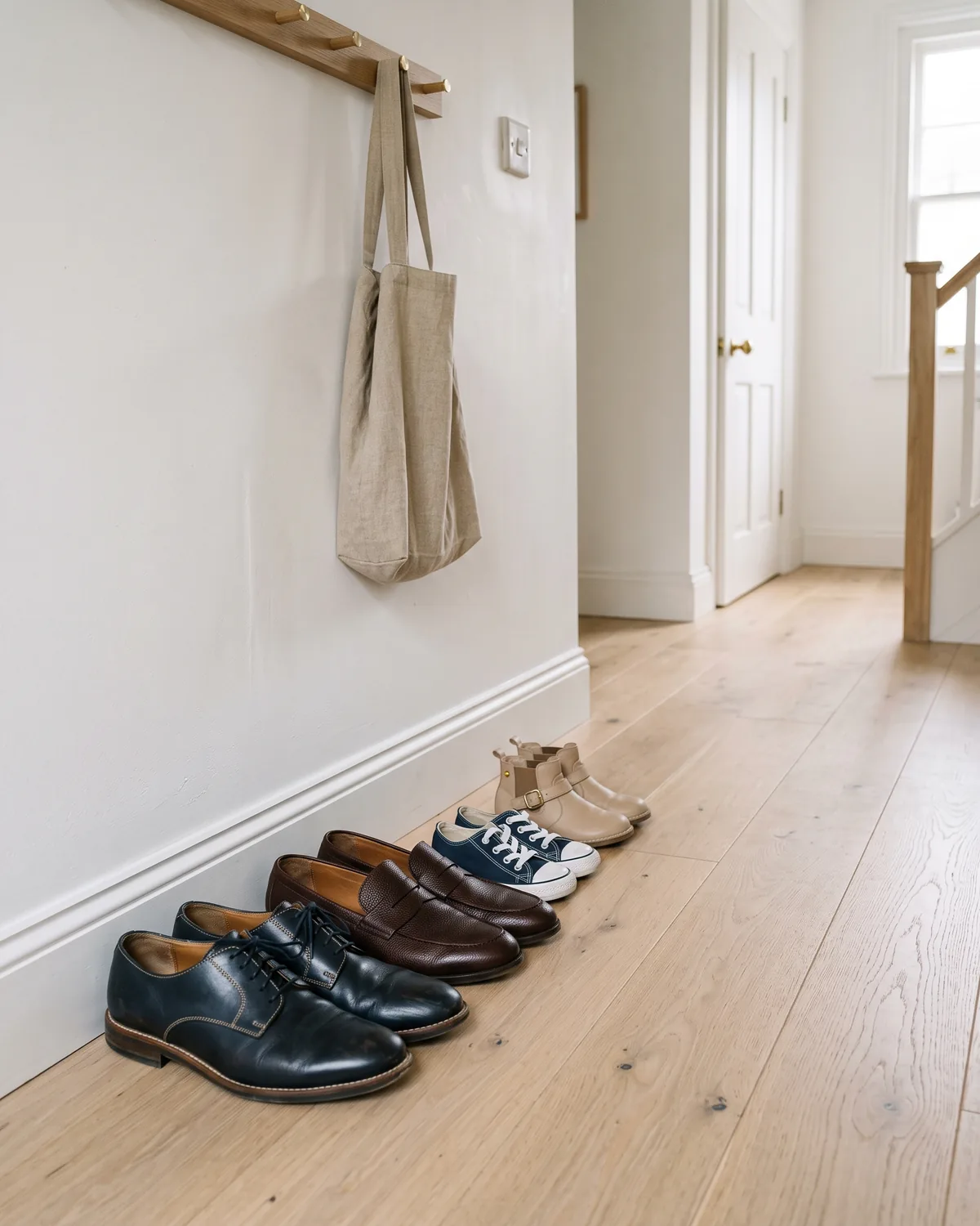 Grosse und kleine Schuhe in einer Reihe an der Wand im Flur