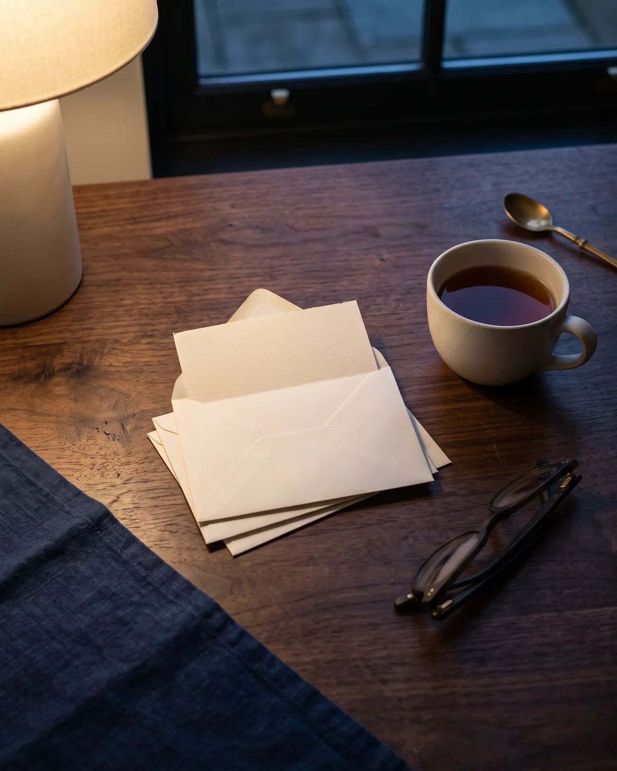 Geöffneter Brief und Tasse auf einem Küchentisch am Abend