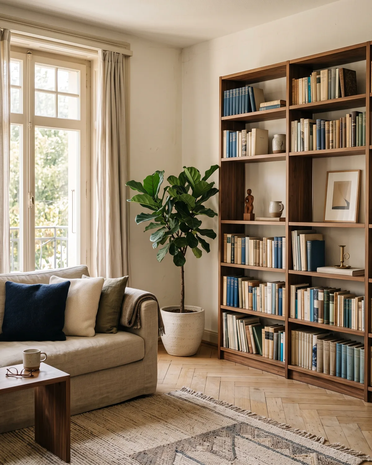 Wohnzimmer mit Sofa, Bücherregal und Pflanze im Nachmittagslicht